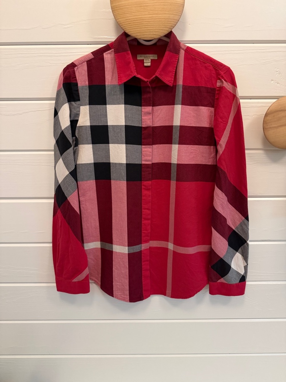 Burberry Red, Black Plaid Cotton Button-Down Shirt